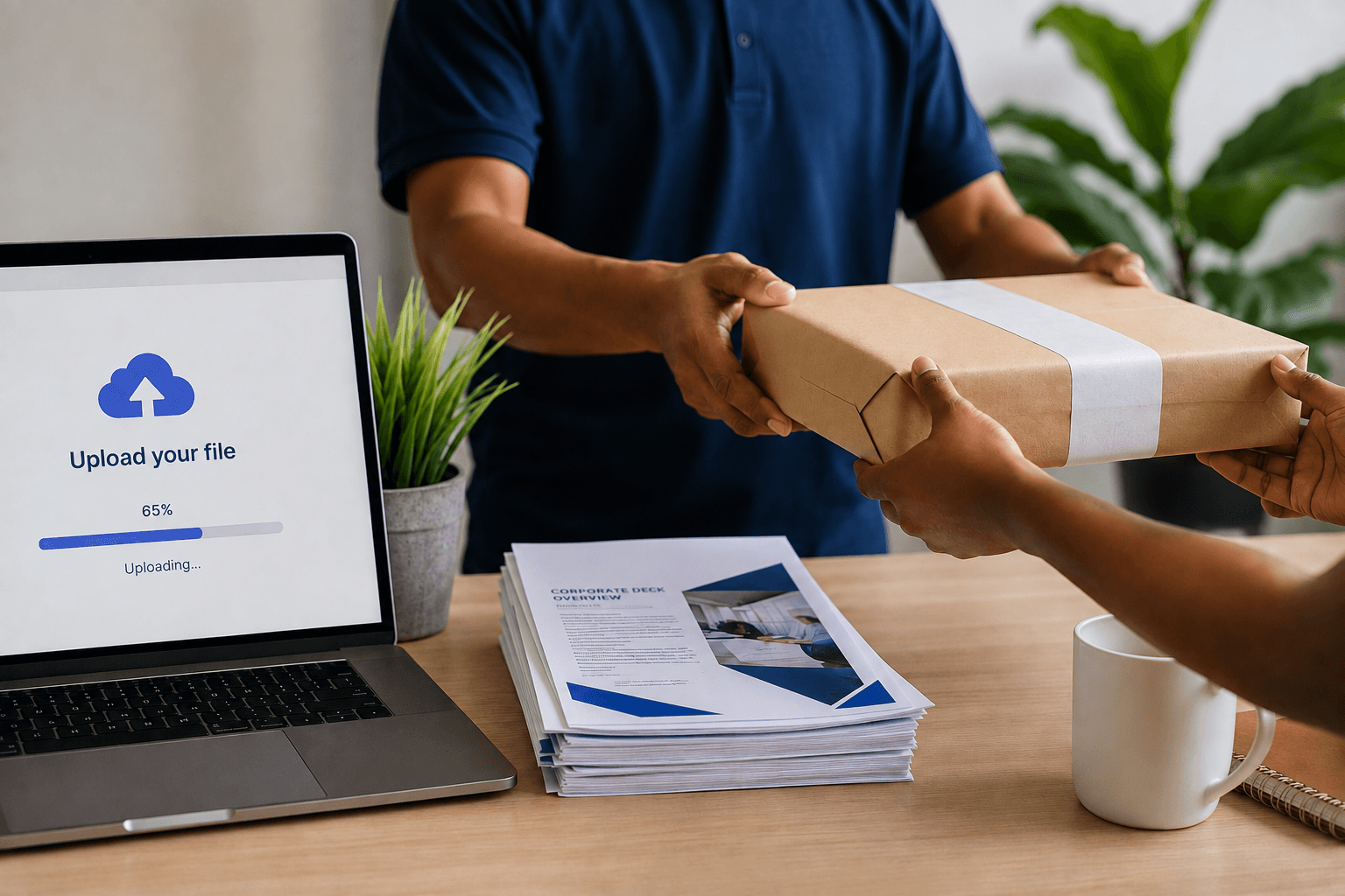 A rider handing a printed, bound document to a customer at their door