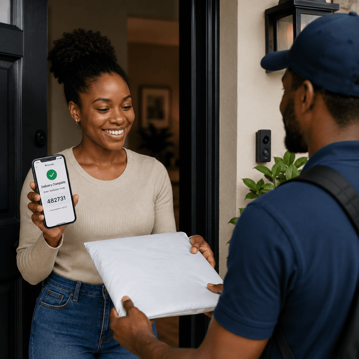 A rider handing over a delivery at the door